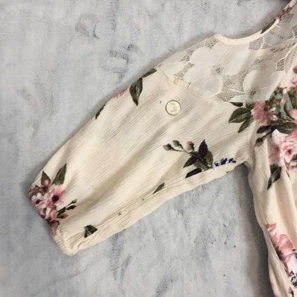 Warehouse One Cold Shoulder Blouse Womens Med Cream Floral Top Tie Neck - Picture 7 of 11